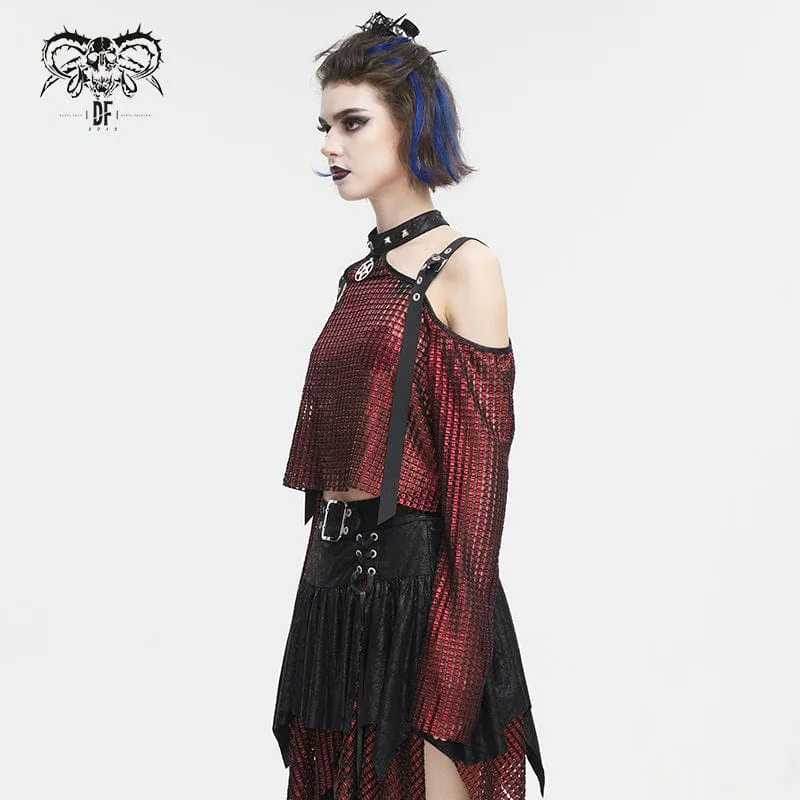 Schulterfreies, transparentes Crop-Top für Damen im Gothic-Stil mit schulterfreier Schnalle in Rot