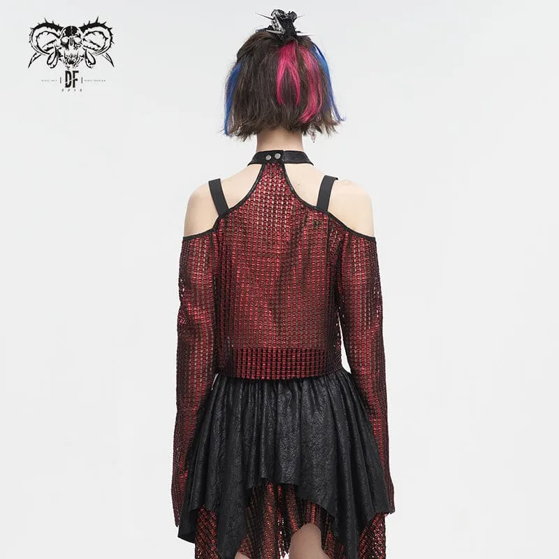 Schulterfreies, transparentes Crop-Top für Damen im Gothic-Stil mit schulterfreier Schnalle in Rot