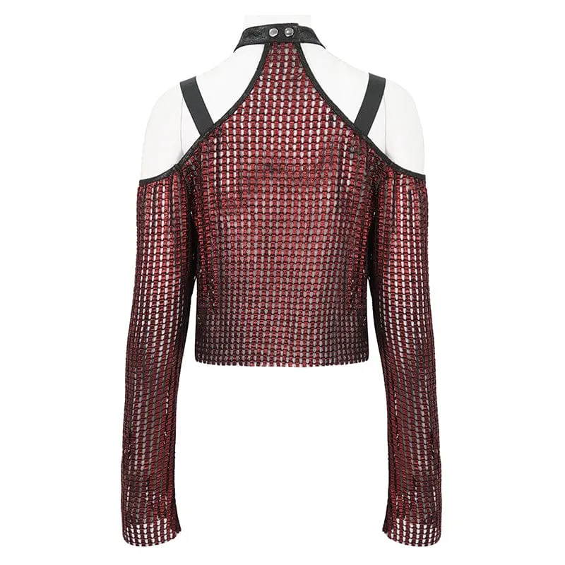 Schulterfreies, transparentes Crop-Top für Damen im Gothic-Stil mit schulterfreier Schnalle in Rot