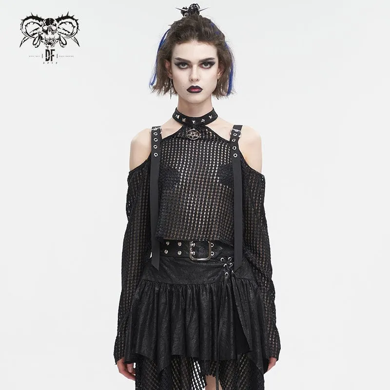 Damen Punk Off Shoulder Buckle Sheer Crop Top Schwarz