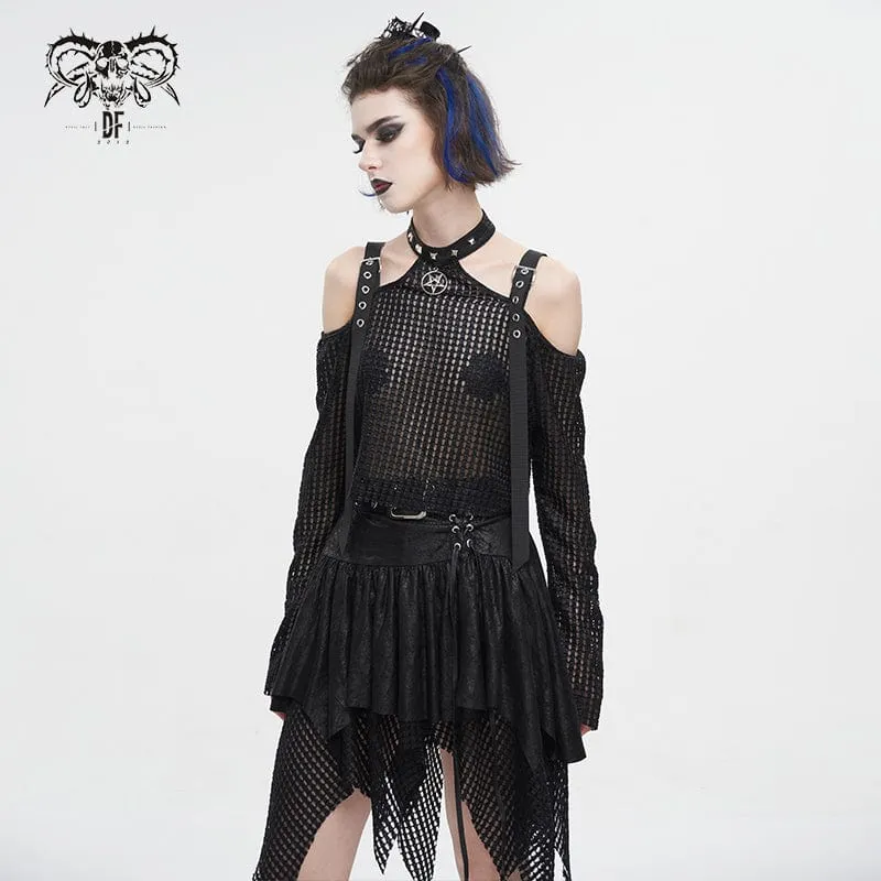 Damen Punk Off Shoulder Buckle Sheer Crop Top Schwarz