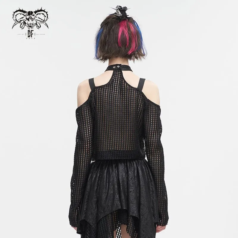 Damen Punk Off Shoulder Buckle Sheer Crop Top Schwarz