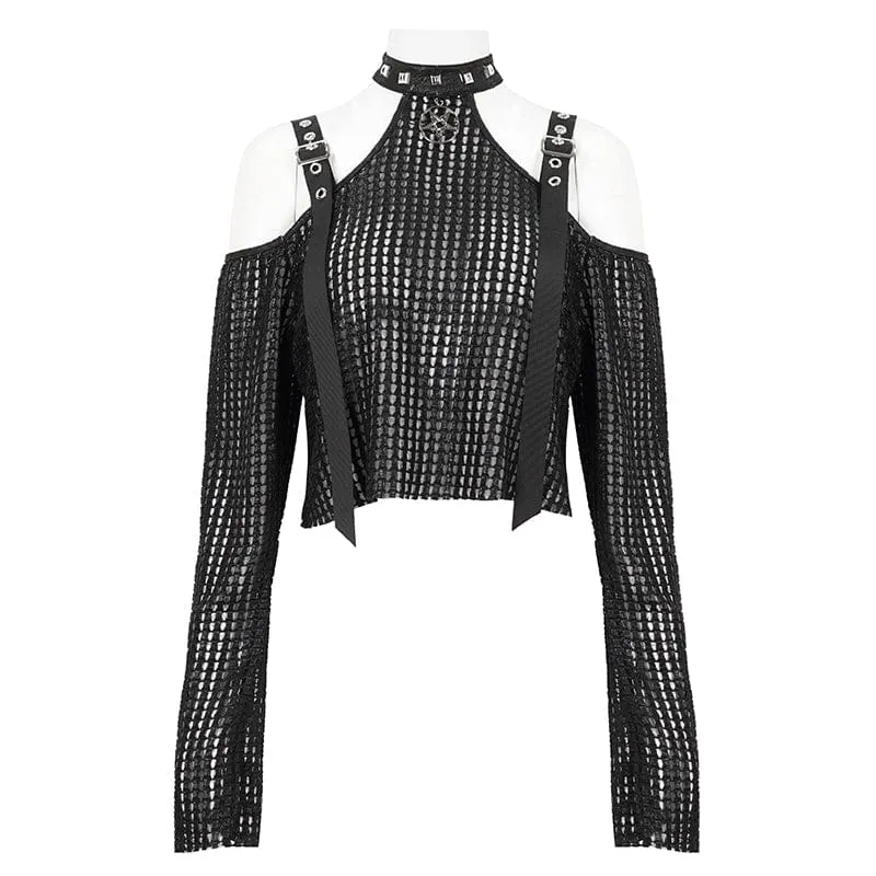 Damen Punk Off Shoulder Buckle Sheer Crop Top Schwarz