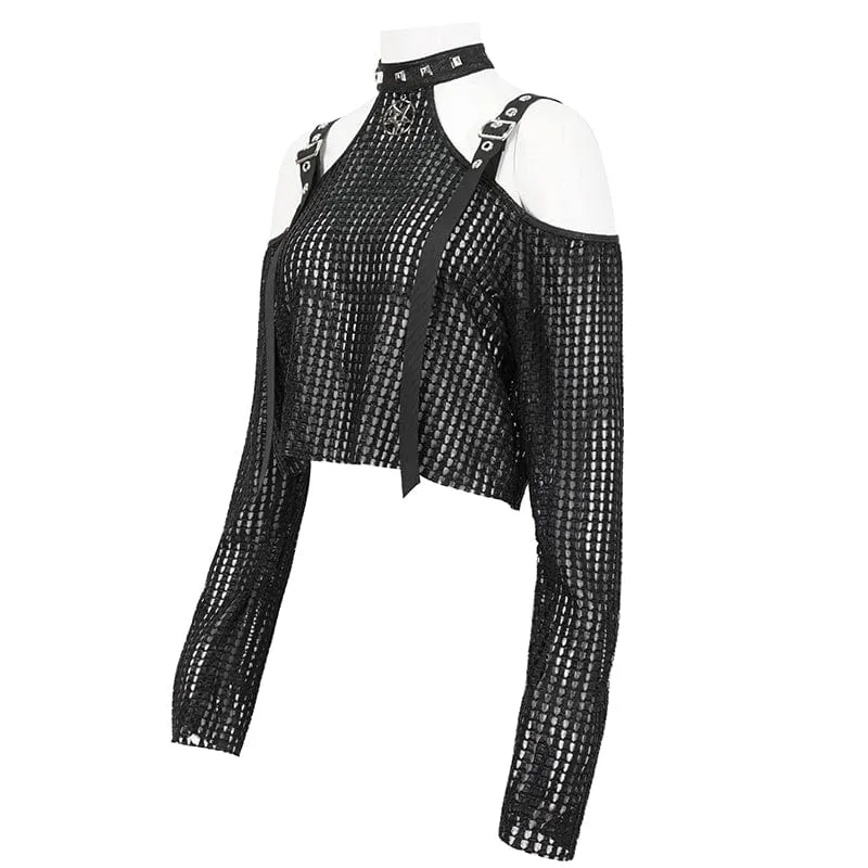Damen Punk Off Shoulder Buckle Sheer Crop Top Schwarz