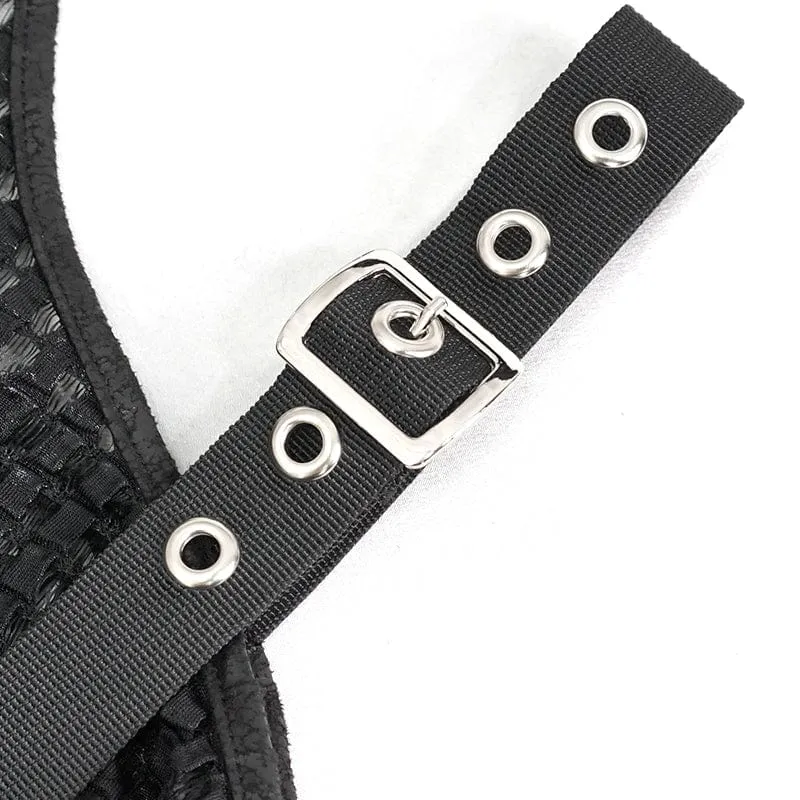 Damen Punk Off Shoulder Buckle Sheer Crop Top Schwarz
