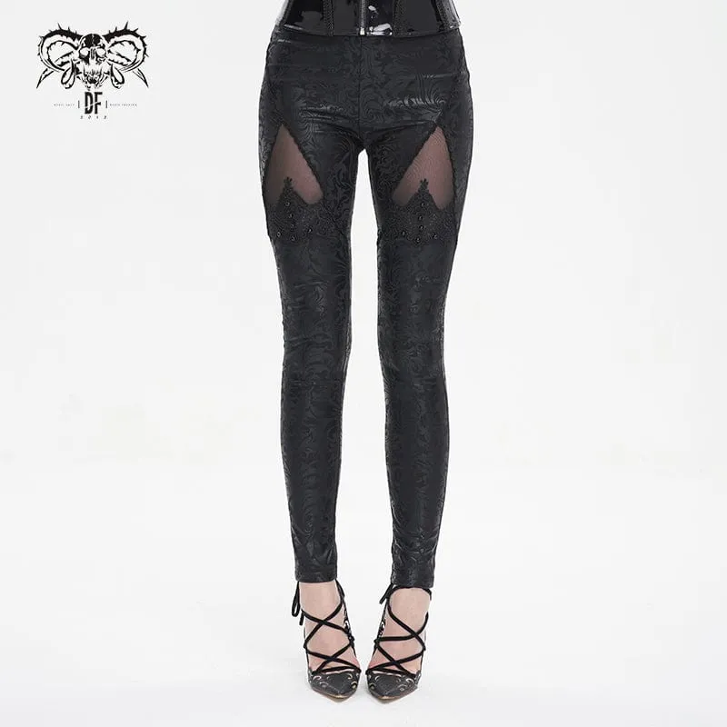 Damen-Gothic-Leggings mit Blumenstickerei und Mesh-Spleiß