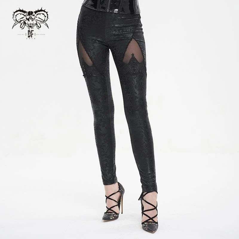 Damen-Gothic-Leggings mit Blumenstickerei und Mesh-Spleiß