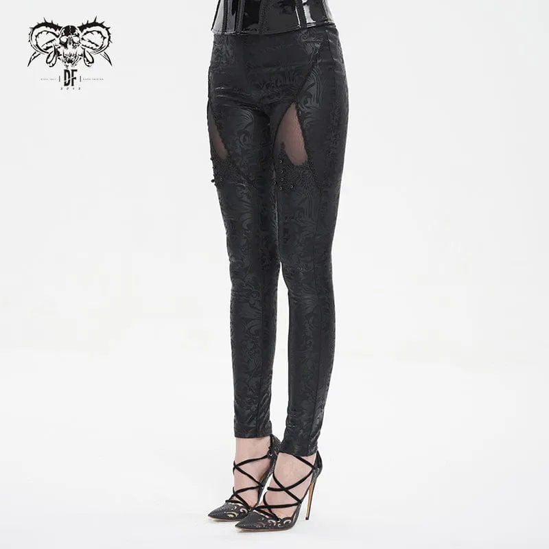 Damen-Gothic-Leggings mit Blumenstickerei und Mesh-Spleiß