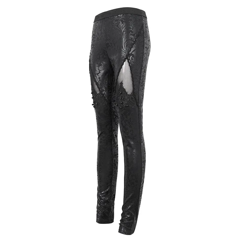 Damen-Gothic-Leggings mit Blumenstickerei und Mesh-Spleiß