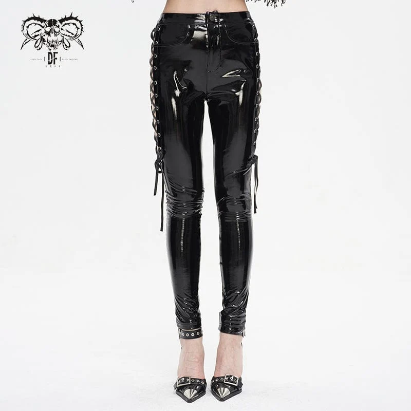 Damen-Lacklederhose mit Punk-Ausschnitt und Schnürung
