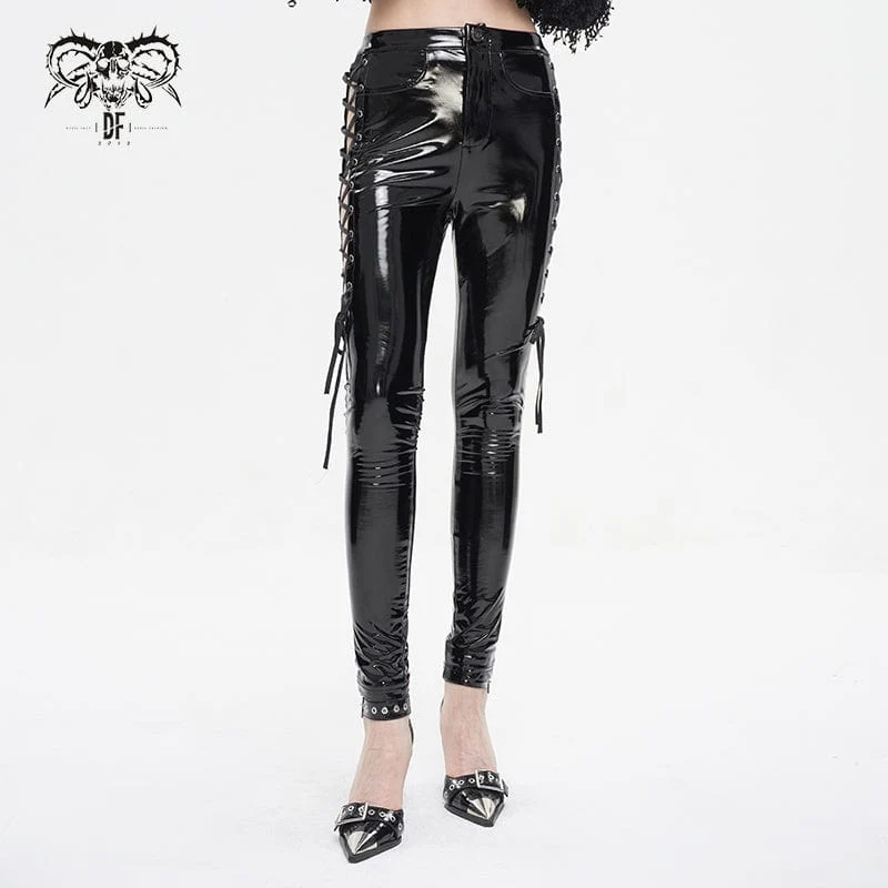 Damen-Lacklederhose mit Punk-Ausschnitt und Schnürung