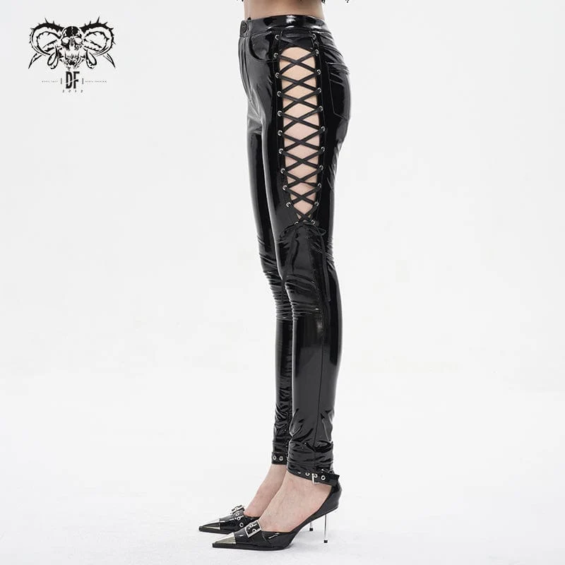 Damen-Lacklederhose mit Punk-Ausschnitt und Schnürung