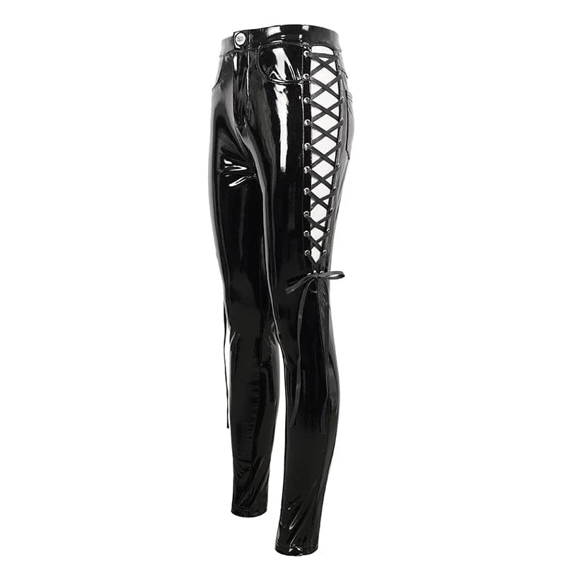 Damen-Lacklederhose mit Punk-Ausschnitt und Schnürung