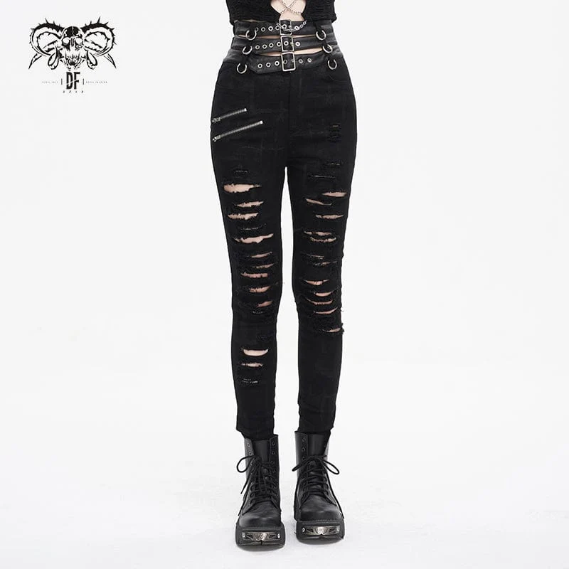 Damen-Punk-Hose mit hoher Taille und zerrissener Schnalle