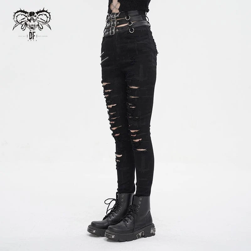 Damen-Punk-Hose mit hoher Taille und zerrissener Schnalle