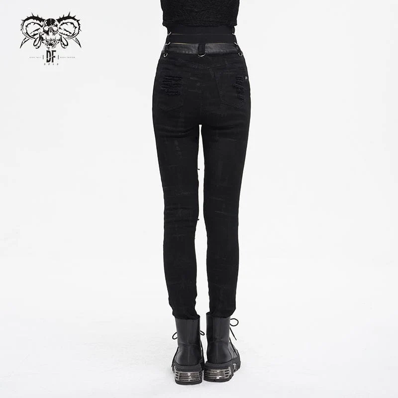 Damen-Punk-Hose mit hoher Taille und zerrissener Schnalle