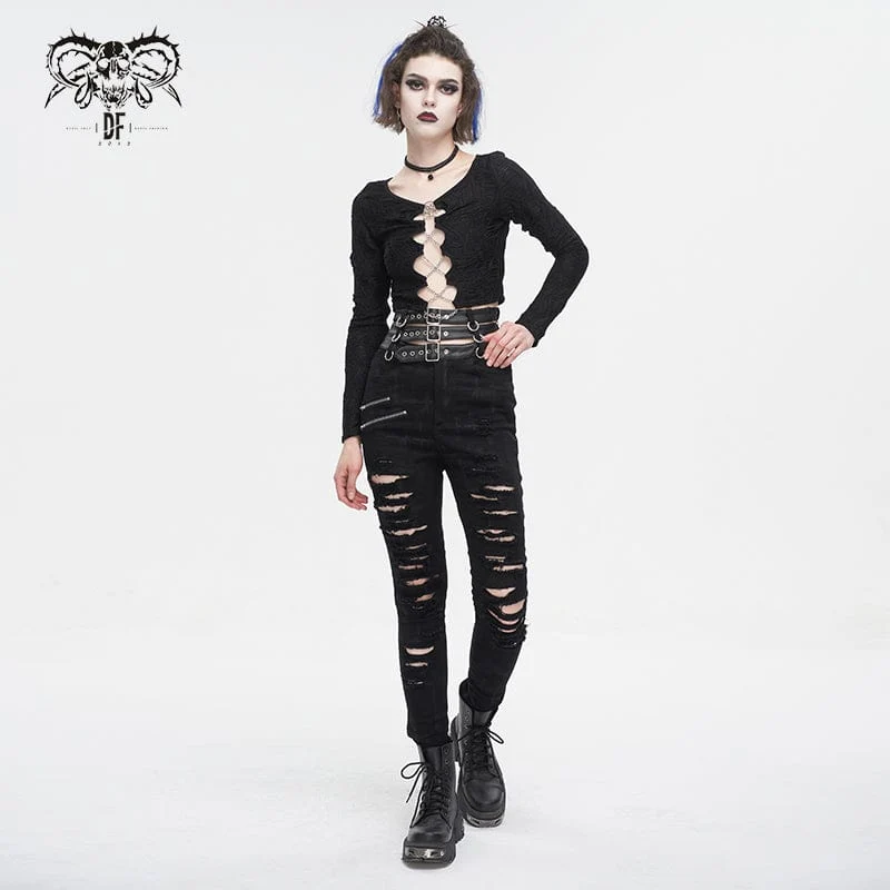 Damen-Punk-Hose mit hoher Taille und zerrissener Schnalle