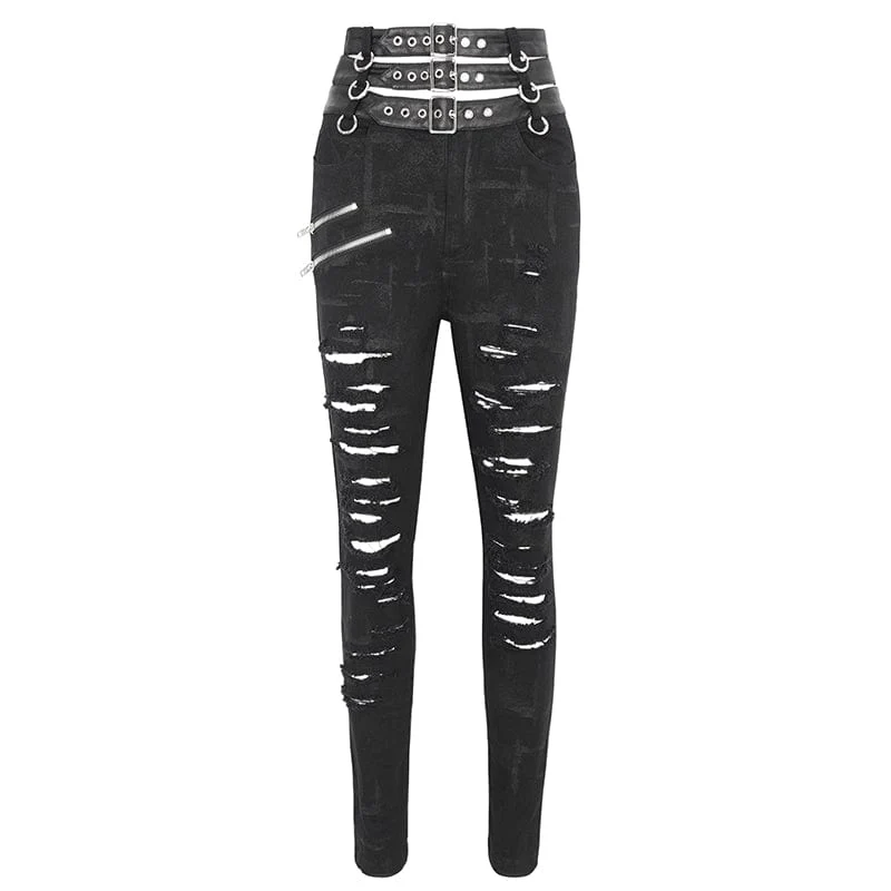 Damen-Punk-Hose mit hoher Taille und zerrissener Schnalle