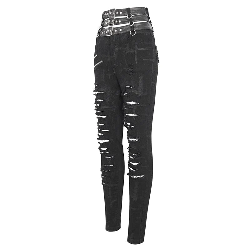 Damen-Punk-Hose mit hoher Taille und zerrissener Schnalle