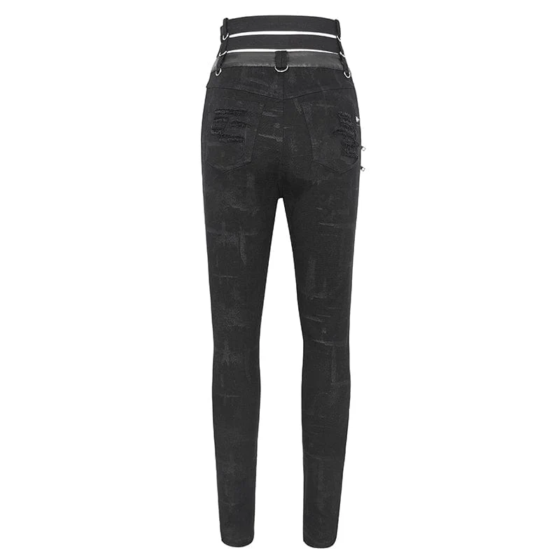 Damen-Punk-Hose mit hoher Taille und zerrissener Schnalle