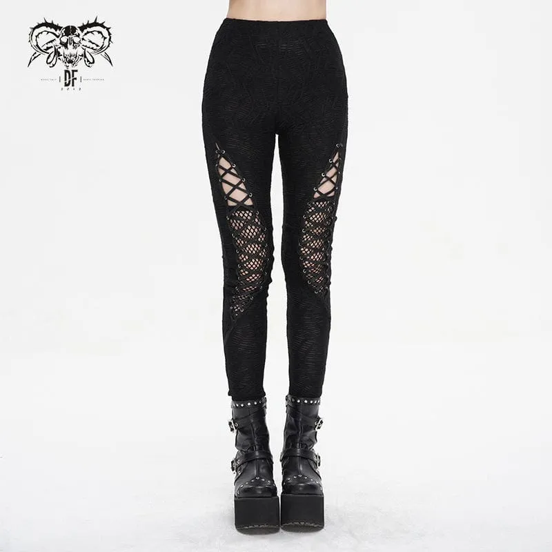 Damen-Leggings mit Punk-Riemchen und gespleißtem Netzstoff und Rüschen