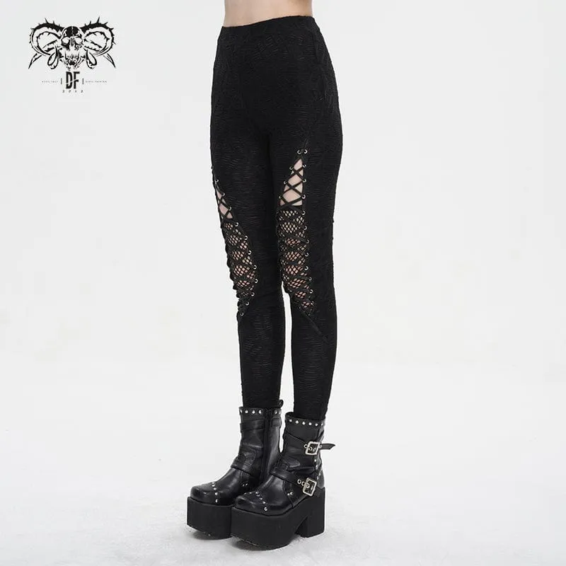 Damen-Leggings mit Punk-Riemchen und gespleißtem Netzstoff und Rüschen
