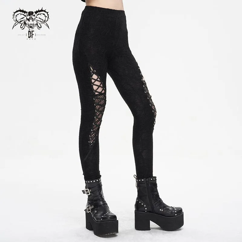 Damen-Leggings mit Punk-Riemchen und gespleißtem Netzstoff und Rüschen