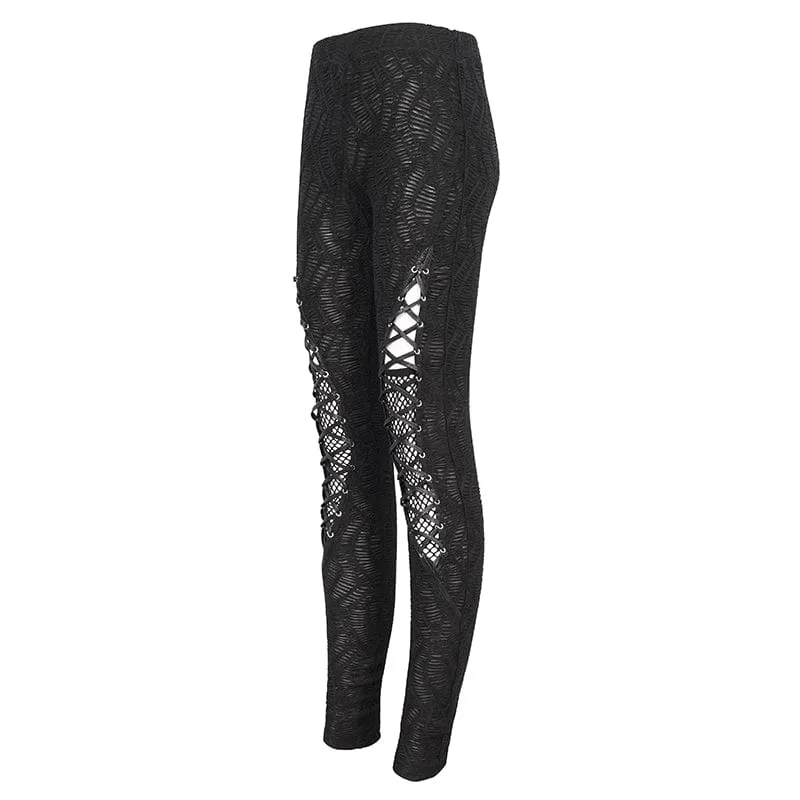 Damen-Leggings mit Punk-Riemchen und gespleißtem Netzstoff und Rüschen