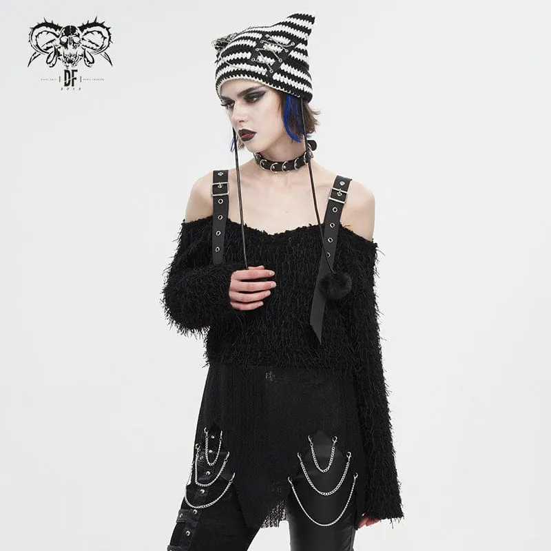 Unregelmäßiger, schulterfreier, flauschiger Punk-Pullover für Damen