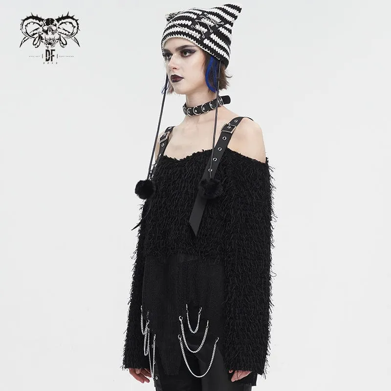 Unregelmäßiger, schulterfreier, flauschiger Punk-Pullover für Damen