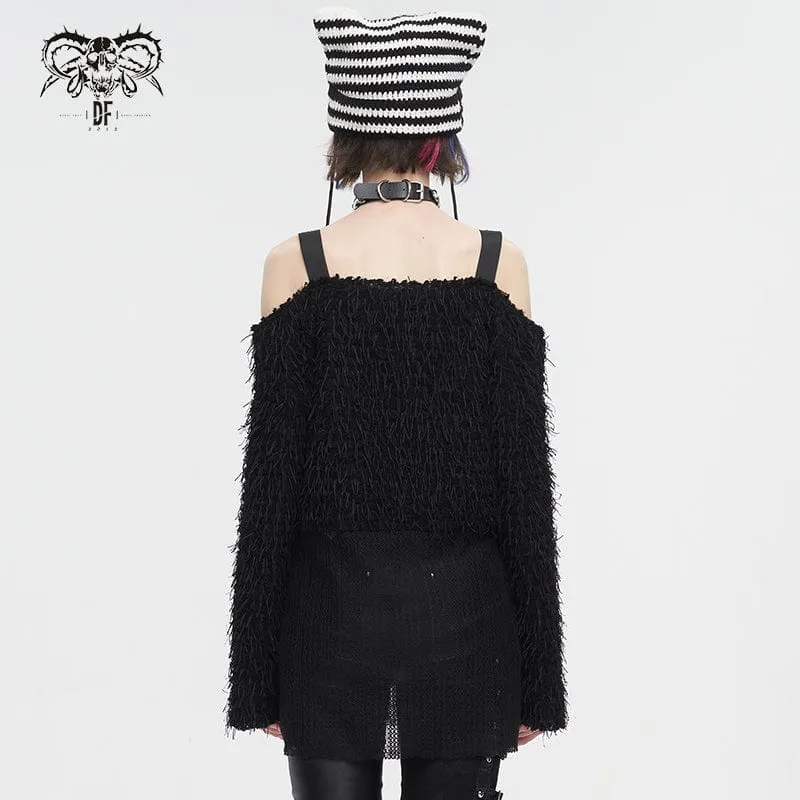 Unregelmäßiger, schulterfreier, flauschiger Punk-Pullover für Damen