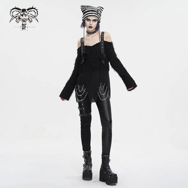 Unregelmäßiger, schulterfreier, flauschiger Punk-Pullover für Damen