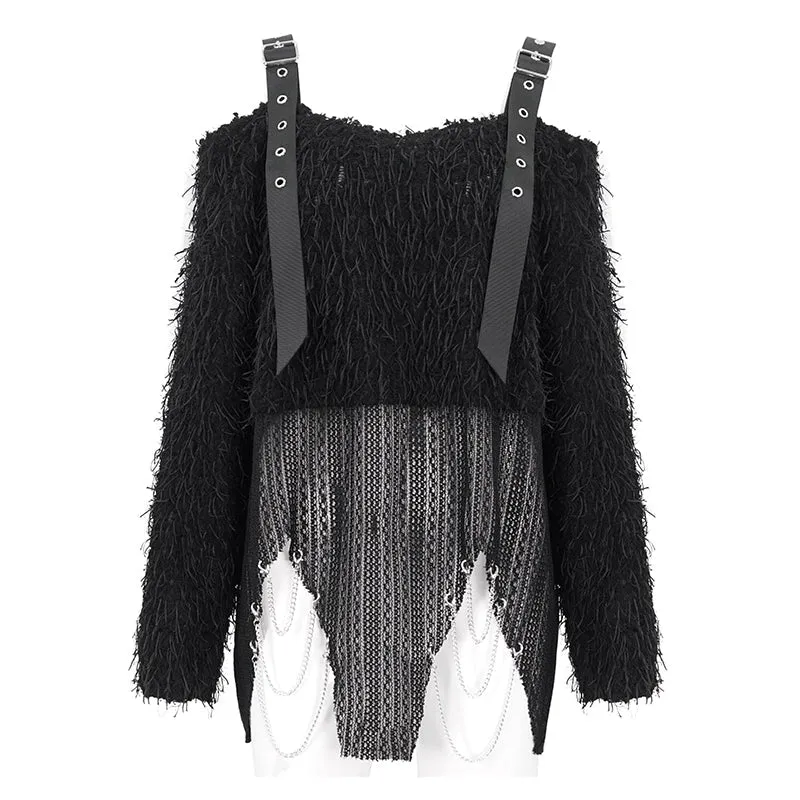 Unregelmäßiger, schulterfreier, flauschiger Punk-Pullover für Damen
