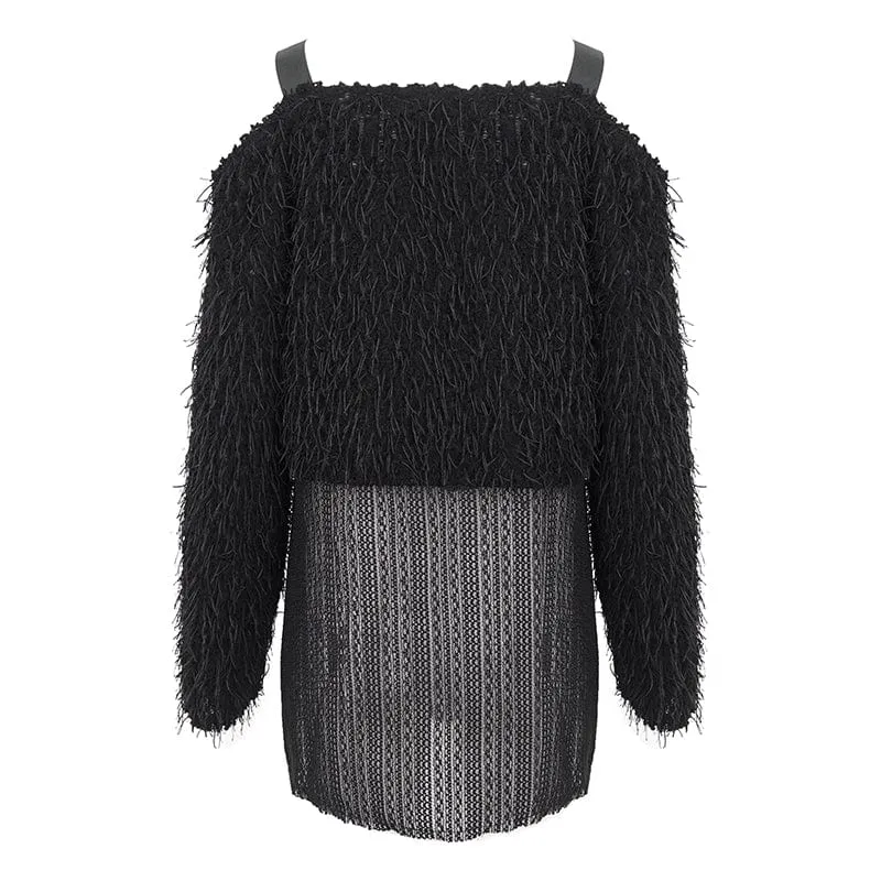 Unregelmäßiger, schulterfreier, flauschiger Punk-Pullover für Damen