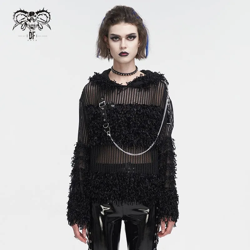 Transparenter Punk-Pullover für Damen im Distressed-Look mit Kapuze und Kette