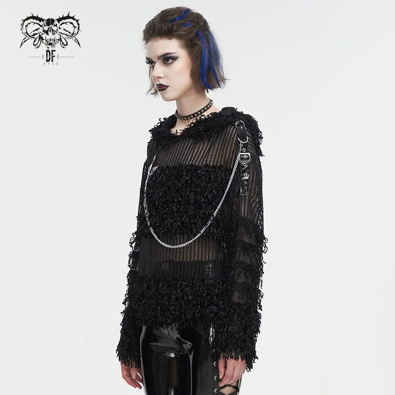 Transparenter Punk-Pullover für Damen im Distressed-Look mit Kapuze und Kette