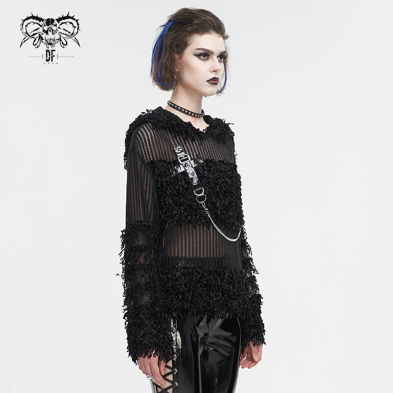 Transparenter Punk-Pullover für Damen im Distressed-Look mit Kapuze und Kette