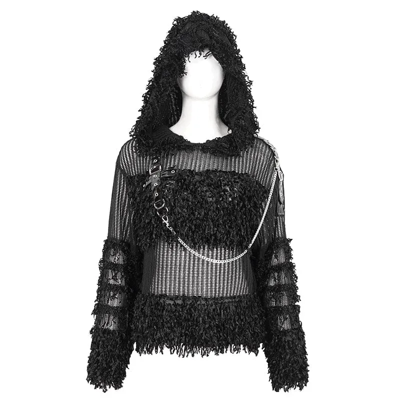Transparenter Punk-Pullover für Damen im Distressed-Look mit Kapuze und Kette