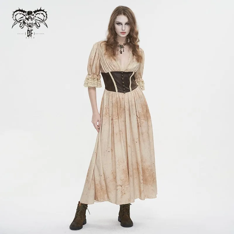 Damen-Gothic-Kleid mit tiefem Ausschnitt und Puffärmeln und Spitzensaum