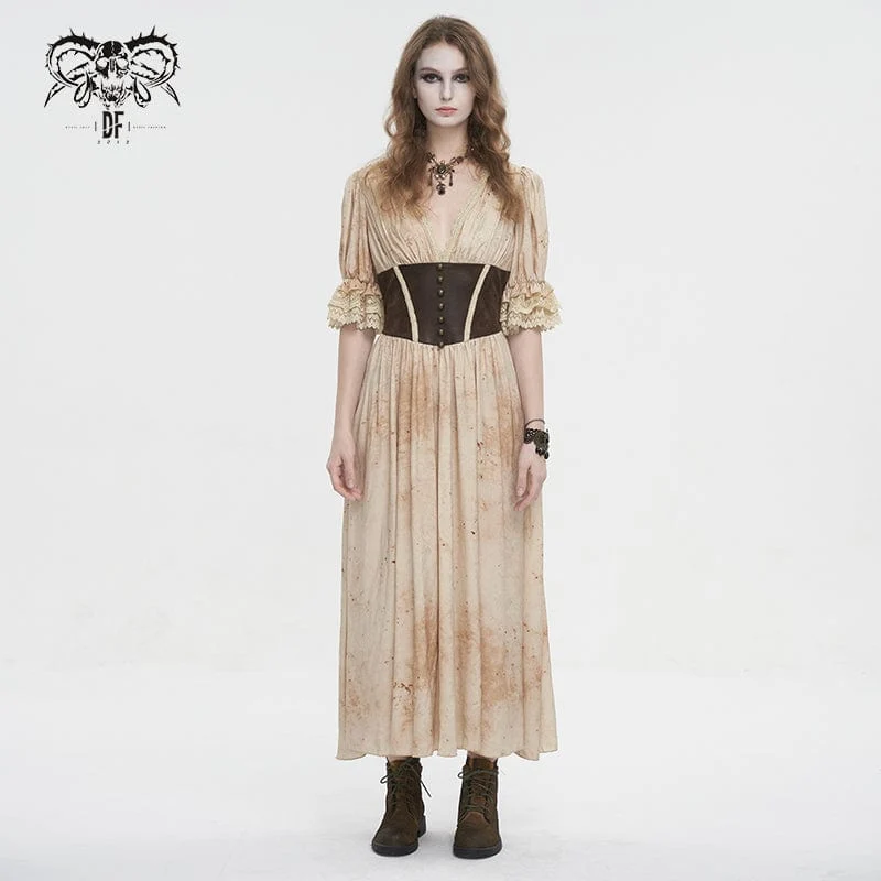 Damen-Gothic-Kleid mit tiefem Ausschnitt und Puffärmeln und Spitzensaum