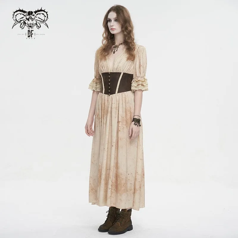 Damen-Gothic-Kleid mit tiefem Ausschnitt und Puffärmeln und Spitzensaum