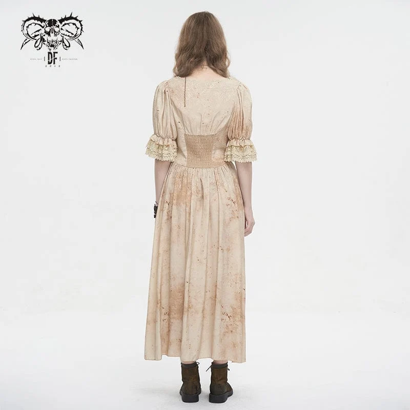 Damen-Gothic-Kleid mit tiefem Ausschnitt und Puffärmeln und Spitzensaum