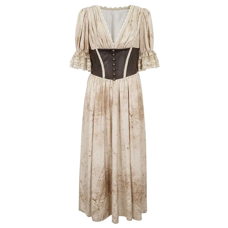 Damen-Gothic-Kleid mit tiefem Ausschnitt und Puffärmeln und Spitzensaum