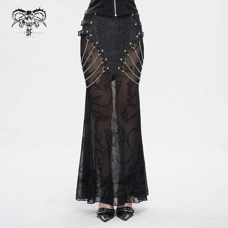Damen Gothic Mesh Splice Chain Fishtail Rock