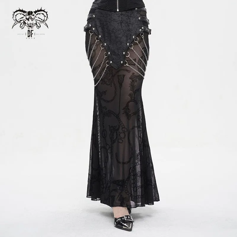 Damen Gothic Mesh Splice Chain Fishtail Rock