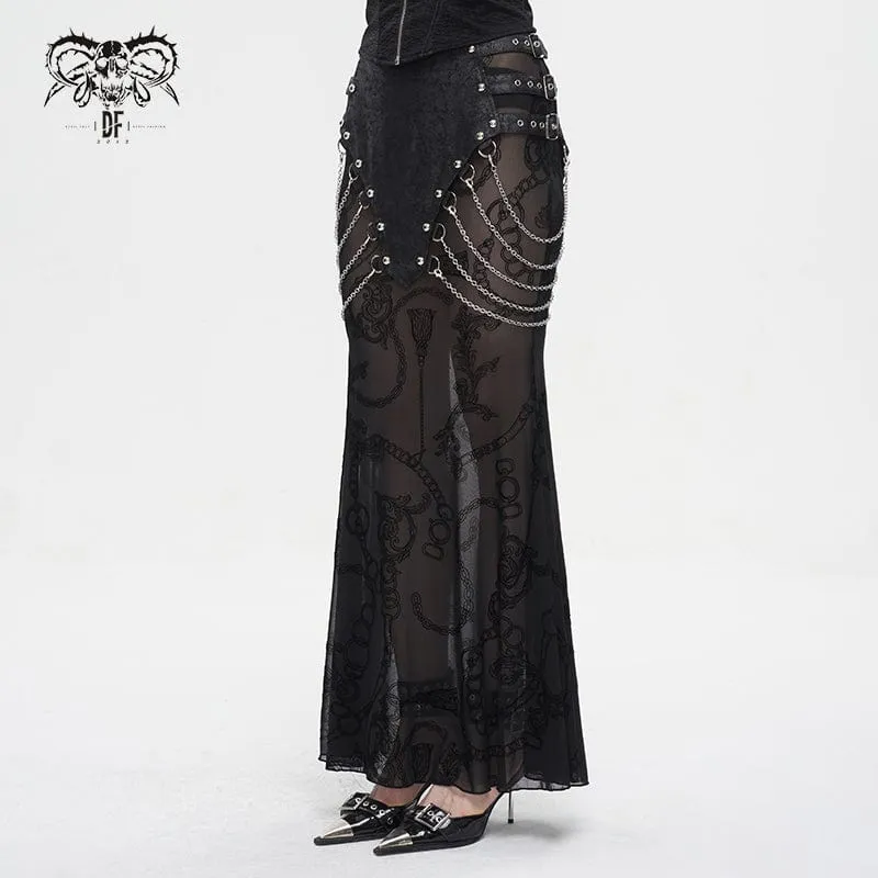 Damen Gothic Mesh Splice Chain Fishtail Rock