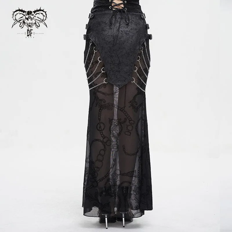Damen Gothic Mesh Splice Chain Fishtail Rock