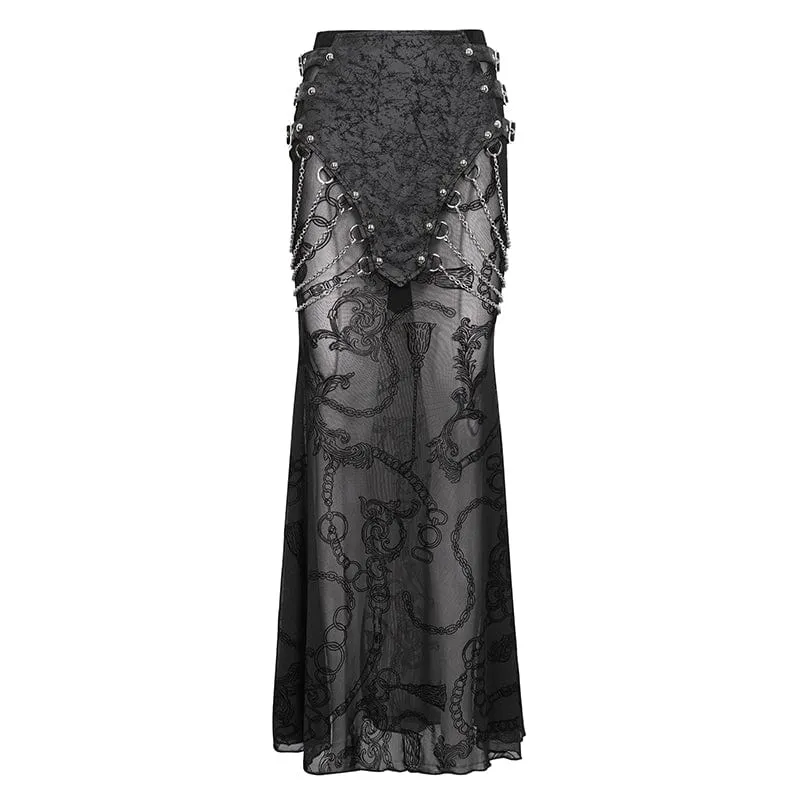 Damen Gothic Mesh Splice Chain Fishtail Rock