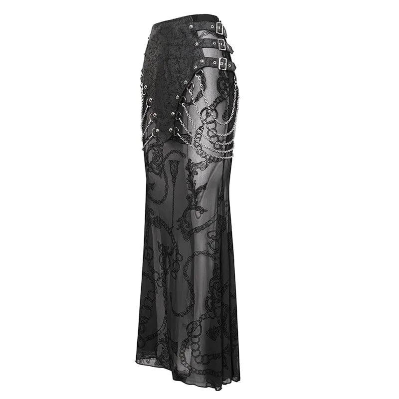Damen Gothic Mesh Splice Chain Fishtail Rock