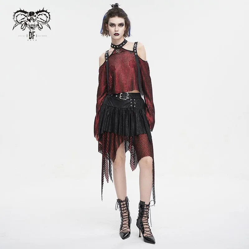 Damen Gothic-Rock mit unregelmäßiger Mesh-Splice-Schnalle, Rot
